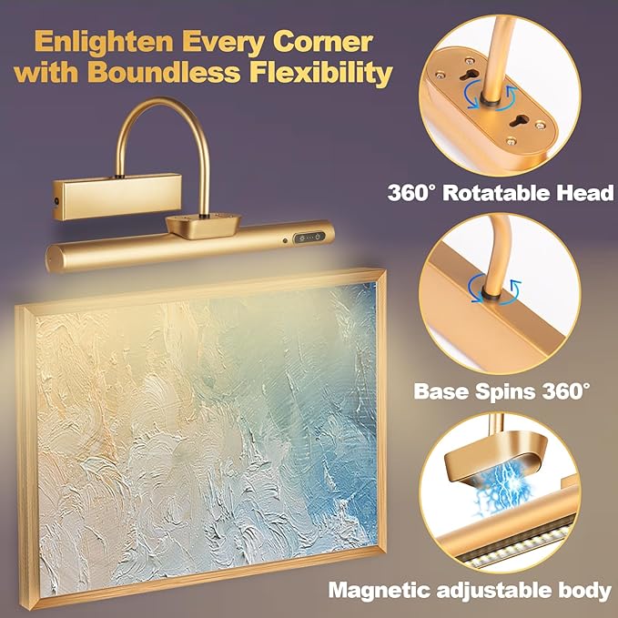 Dimmable Cordless Picture Light with Controller and Timer, Rechargeable 5000mAh Battery Wall Sconce for Wall Pictures, Gallery Artwork, Paintings, Portraits, Dartboards (Gold)