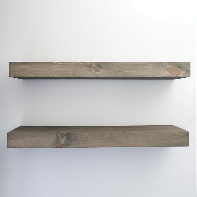 Urbandi Modern Floating Shelves 3 Inches Thick for Wall, Wide Shelves for Kitchen, Living Room, Bedroom, and Bathroom, Natural Pine Wood, Rustic Wooden Shelf, (Set of 2) (Aged Barrel, 36Lx3Hx8D)