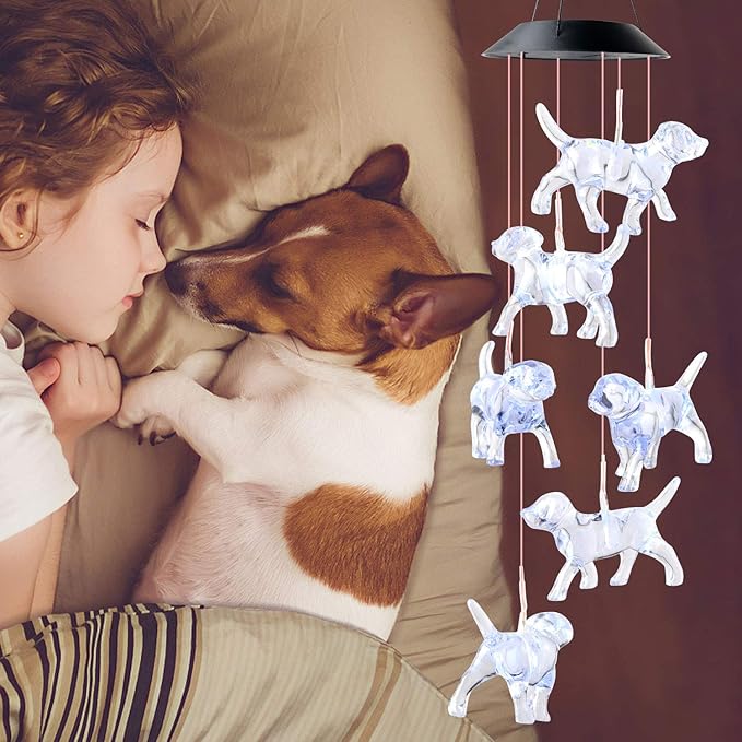 JOBOSI Dog Wind Chimes, Solar Dog Lights for Outside, Gifts for Dogs Lovers, Birthday Gifts for Women, Mom, Ded, Grandma, Garden Lawn Yard Outdoor Decor Mobiles Wind Chime, Dogs Themed Gift