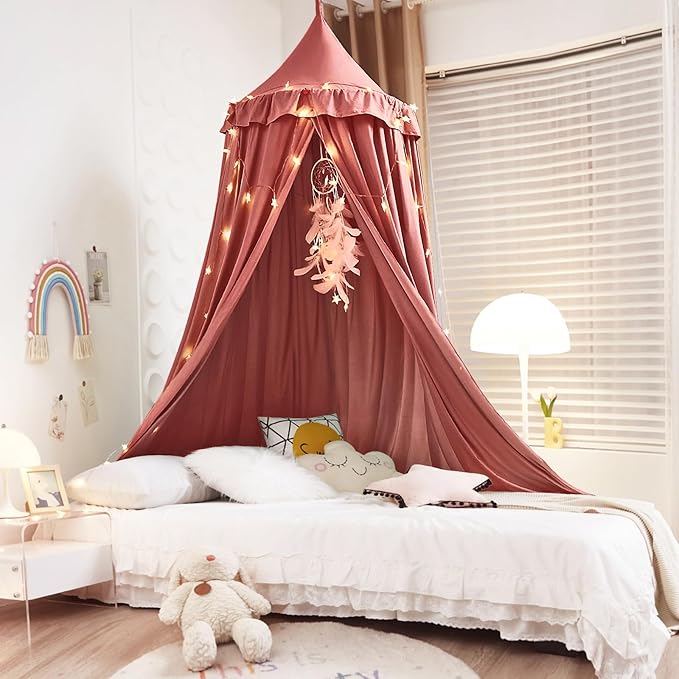Kertnic Decor Canopy for Kids Bed, Soft Smooth Playing Tent Canopy Girls Room Decoration Princess Castle, Dreamy Mosquito Net Bedding, Children Reading Nook Canopies in Home (Red Bean Color)