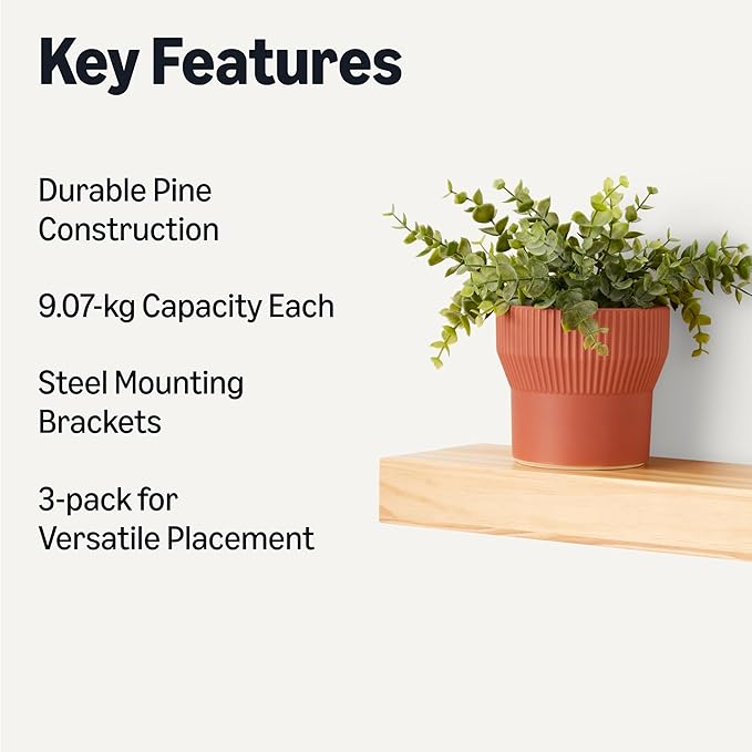 Amazon Basics Wood Floating Wall Shelves, Pack of 3, Pine, 15.8" x 5" x 1.8"