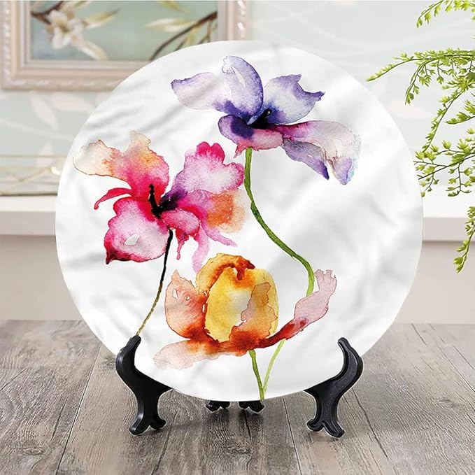 Ceramic Display Plate, Floral Ceramic Hanging Decorative Plate, Vibrant Tones Summer Flowers, 8 Inch, Living Room Kitchen Decoration Household, Multicolor