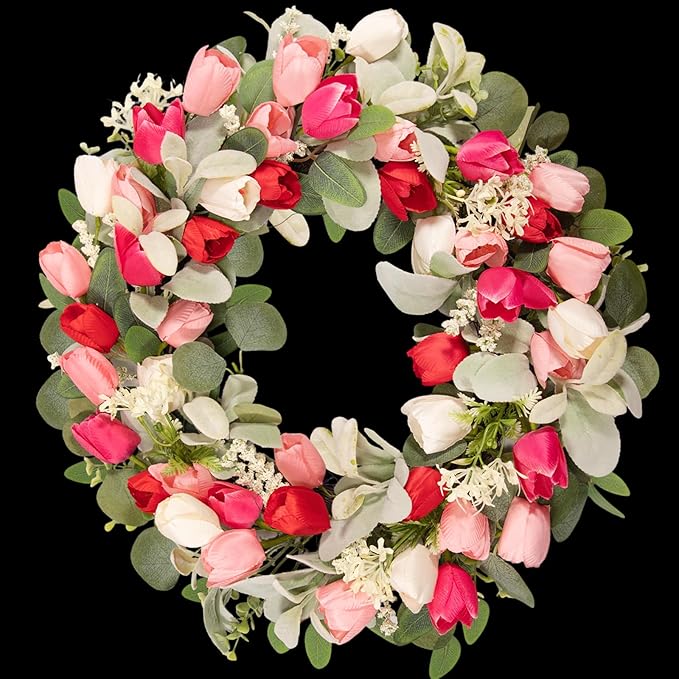 22 Inch Valentine‘s Day Wreath - Tulip Wreath for Front Door, Artificial Tulip Flower Wreaths with Green Leaves, Spring Summer Holiday Front Door Decor, Welcome Wall Hanging