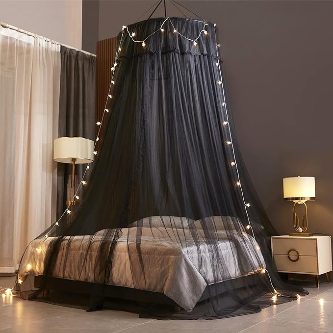 VETHIN Princess Bed Canopy for Girls,Bed Canopy Curtain- Double Layer Sheer Mesh Dome Bed Curtain- Round Lace Princess Mosquito Net Tent (Double Black-2)