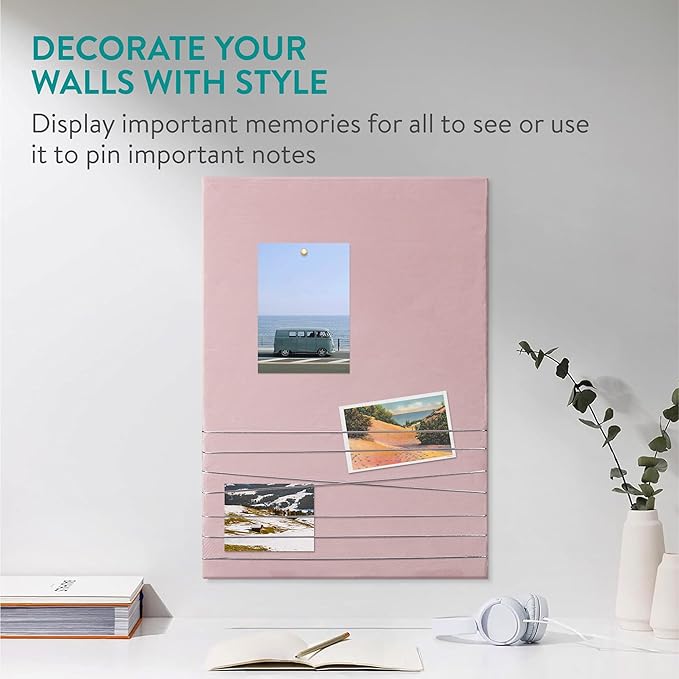 Navaris Fabric Memo Bulletin Board - 12" x 17" Velvet Memory Board for Wall to Display Photo Collages, Pictures, Notes - Includes 6 Push Pins - Pink