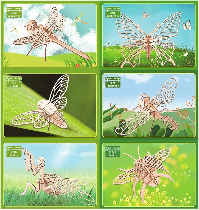 3D Wooden Insect Puzzle - 6 Piece Set Insect Animal Skeleton Assembly Model Puzzle - DIY Wooden Crafts 3D Puzzle - Wood Toys Gifts for Adults & Teens Birthday Gifts Christmas