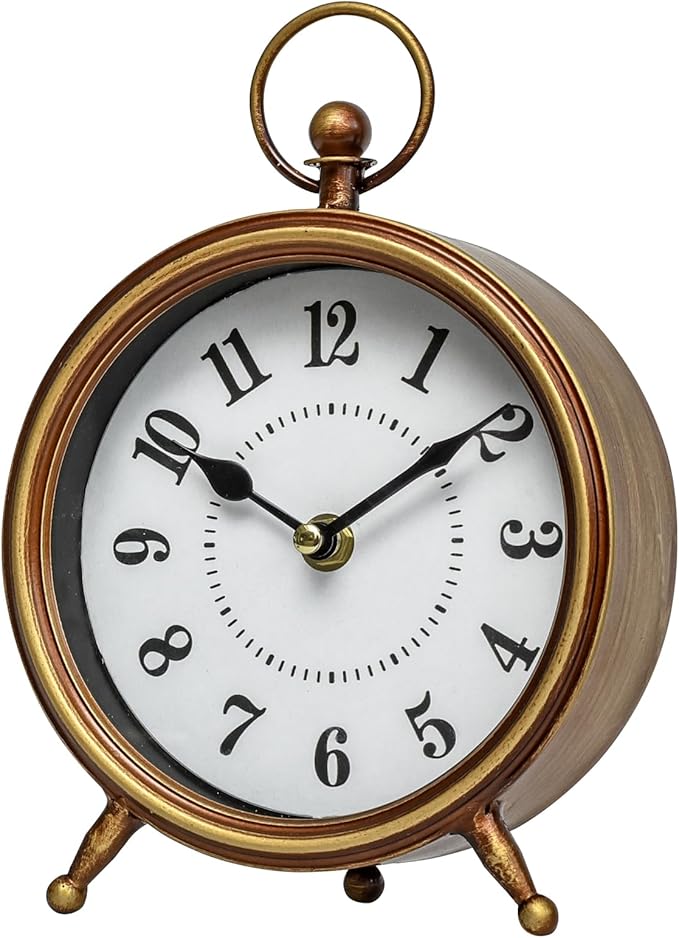 Small Gold Table and Shelf Desk Clock,Vintage Small Table Clock on Stand, Decorative Desk and Shelf Clock Farmhouse Mantel Non-Ticking Clock Rustic Metal Frame with Antique Gold Finish