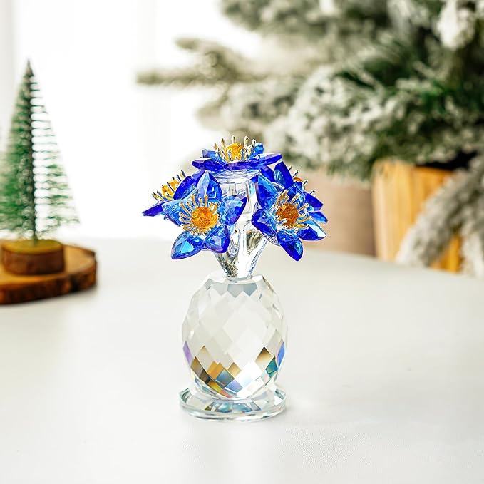 Blue Crystal Flower Figurine Collectibles Crystal Flower Christmas Ornament for Home Decor Table Centerpiece Glass Bouquet Flowers Keepsake for Women
