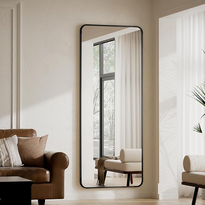 BEAUTYPEAK Black Full Length Mirror, 65"x24" Rounded Corner Floor Mirror Standing Hanging or Leaning Against Wall, Suitable for Bedroom or Dressing Room