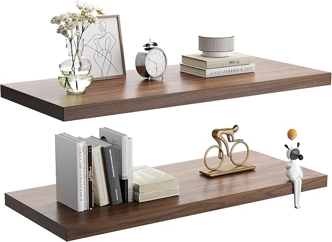 Wall Shelf Set of 2, Walnut Floating Shelves 36 in W x 10 in D x 1 in H, Wooden Floating Wall Shelf with Invisible Brackets for Living Room/Bedroom/Bathroom/Kitchen Storage and Decor