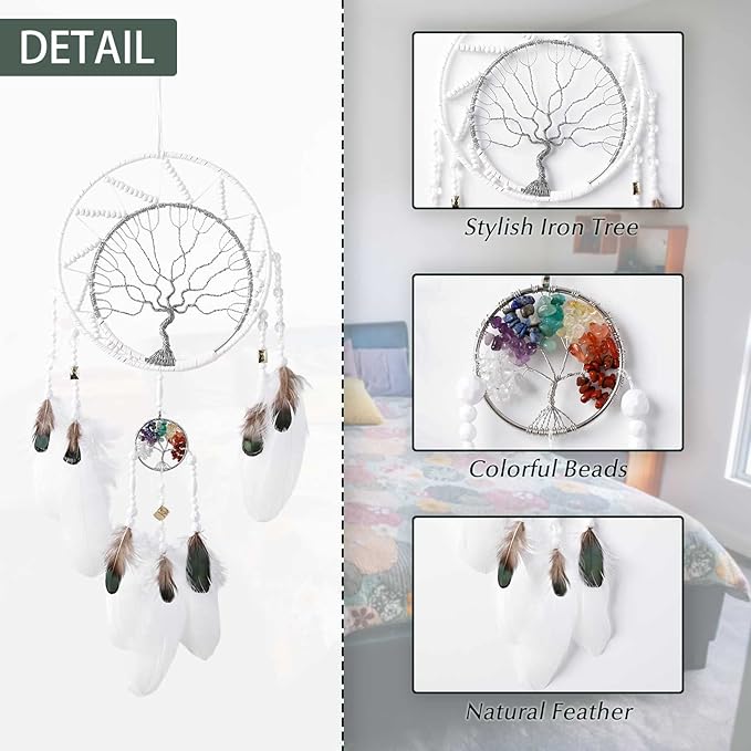 7 Chakras Tree of Life Dream Catcher Wall Decor with Rainbow Healing Crystal Stone Handmade White Feather DreamCatchers Wall Hanging Ornaments for Bedroom Home Decor Blessing Gift Wedding Party -22"