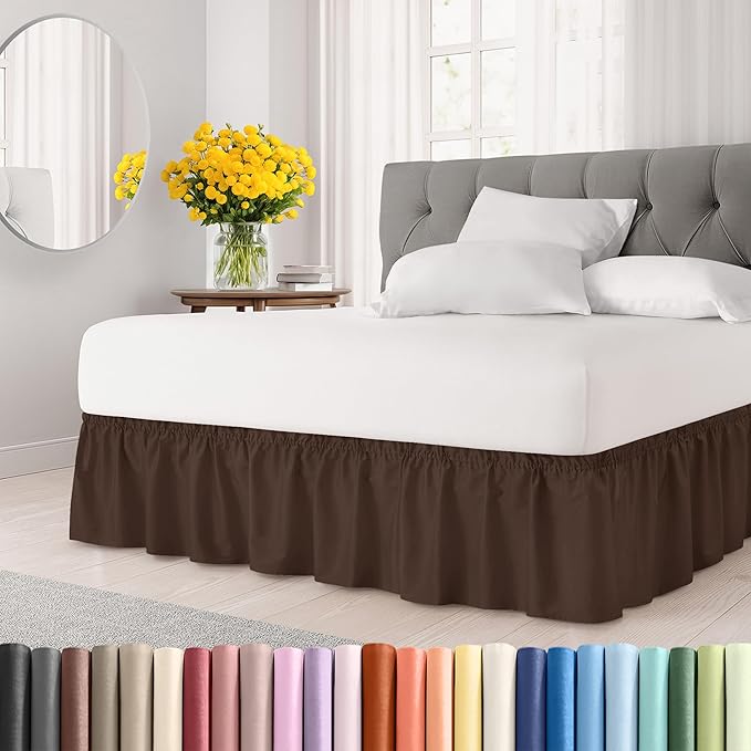Wrap Around Dust Ruffle Bed Skirt - Brown - Twin/Twin XL Size Beds with 21 Inch Drop - Easy Fit Elastic Strap - Adjustable Pleated Bedskirt w/Brushed Fabric - Wrinkle Free - Women, Men, Kids & Teens