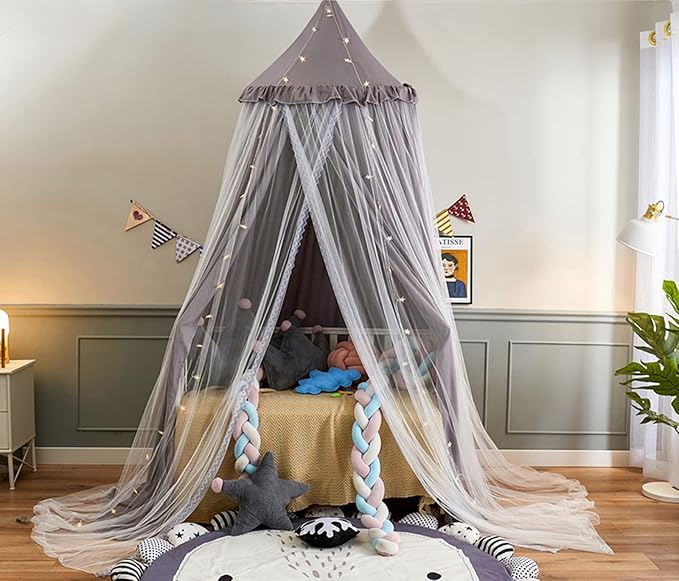 VETHIN Bed Canopy for with Lights,Double Layer Princess Round Dome Dreamy Mosquito Net Bedding Girls Room Castle Play Tent Hanging House Decor Reading Nook Canopies(Gray/White)