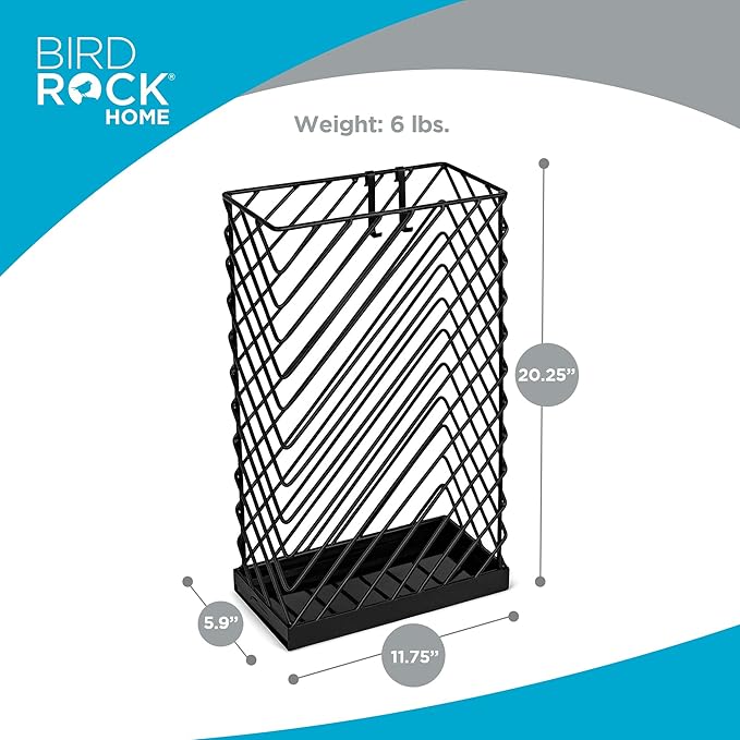 BIRDROCK HOME Decorative Umbrella Stand with Removable Water Tray - Large Metal Umbrella Rack and Cane Walking Stick Organizer for Entryway - Umbrella Holder for Indoor & Outdoor - Black, Diagonal