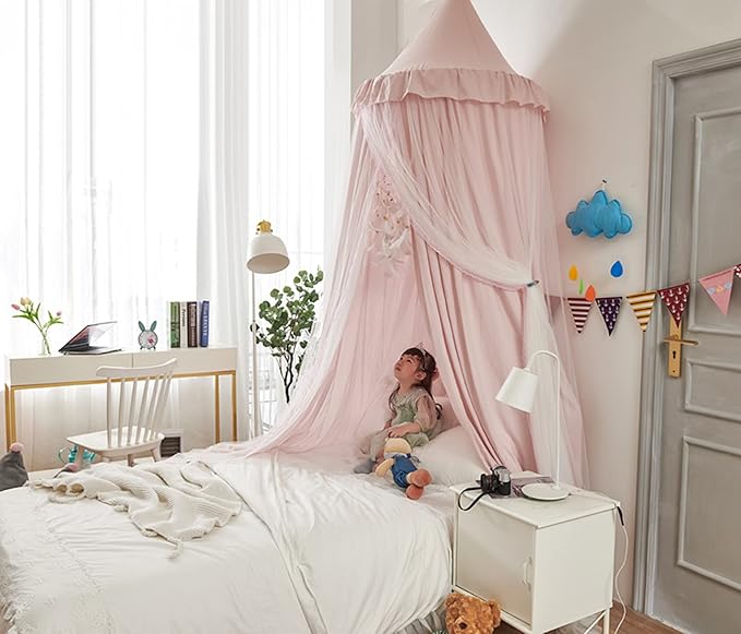 VETHIN Bed Canopy for with Lights,Double Layer Princess Round Dome Dreamy Mosquito Net Bedding Girls Room Castle Play Tent Hanging House Decor Reading Nook Canopies(Beige Pink/White)