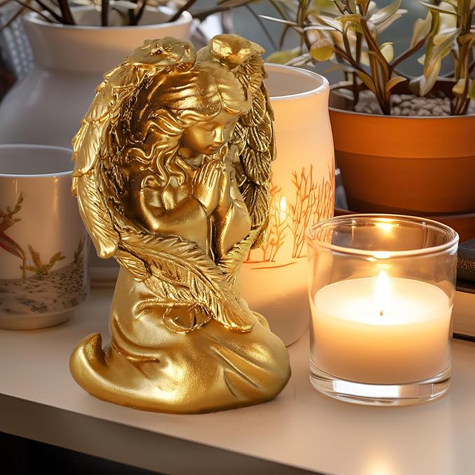 INLOMEM Praying Angel Figurine, Sculpted Hand-Painted Figurine Angel Wings Statue for Home Decor or Garden First Communion Gifts for Girls Religious Gifts for Women (Gold)