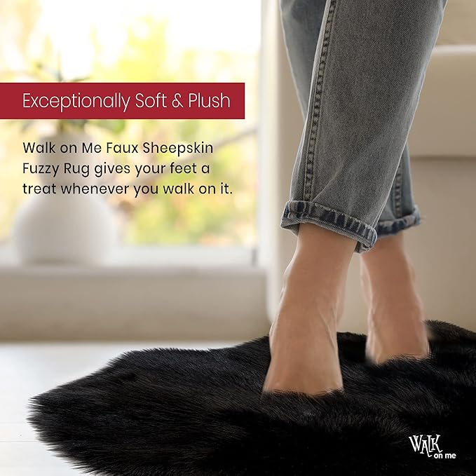 Silky Soft Faux Fur Rug, 5 ft. x 7 ft. Black Fluffy, Made in France, Sheepskin Area, Shaggy Rug for Living Room, Bedroom, Kid's Room, or Nursery, Home Décor Accent with with Non-Slip Backing