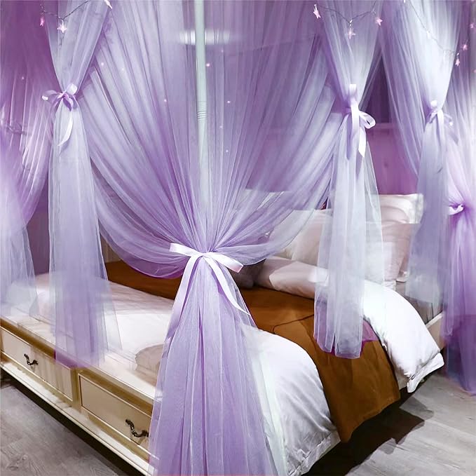 VETHIN 4 Corners Post Princess Bed Canopy Curtain Double Layer Cozy Drape Netting 4 Opening Mosquito Net for Girls & Adults Bedroom Decoration Accessories (Double Purple,53" W*78" L*82"*H/(Full))