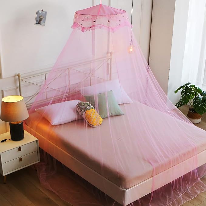 VISATOR Mosquito Net Bed Canopy for Girls,King Canopy Bed Curtains Queen Size from Ceiling,Dome Mosquito Netting Bed Tent Twin Girls Canopy Bed Decor for Baby Crib,Kid Bed and Adult Beds (Pink-Dome)
