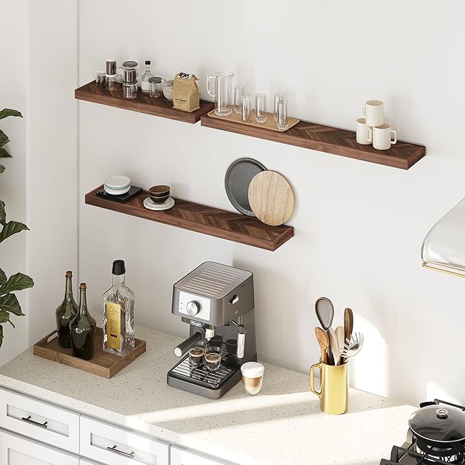 24" Acacia Chevron Floating Shelves Set of 2 - Wall Mounted Wooden Shelf for Stylish Home Décor - Walnut Color - 24x6.7x1.5 Inches