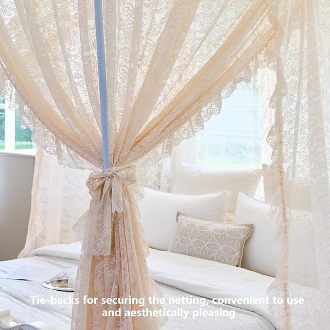 AIKASY Elegant Lace Princess 4-Poster Bed Canopy Mosquito Net - Romantic Wedding Bridal Bedroom Decor, Kids Room Bed Curtain for Women Adults - (Cream-1,King)