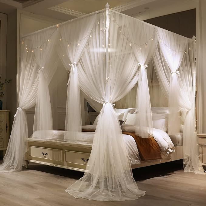 VETHIN 4 Corners Post Princess Bed Canopy Curtain Double Layer Cozy Drape Netting 4 Opening Mosquito Net for Girls & Adults Bedroom Decoration Accessories (Double White, 78" W*86" L*82"*H/(King))