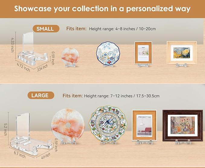 2 Pack Acrylic Easel Display，Plate Stand for Display，Adjustable Clear Display Holder for 4" to 8" Platter, Book, Card, Frame, Picture, Artwork, Plaque ( Small-2pcs 4"-8")