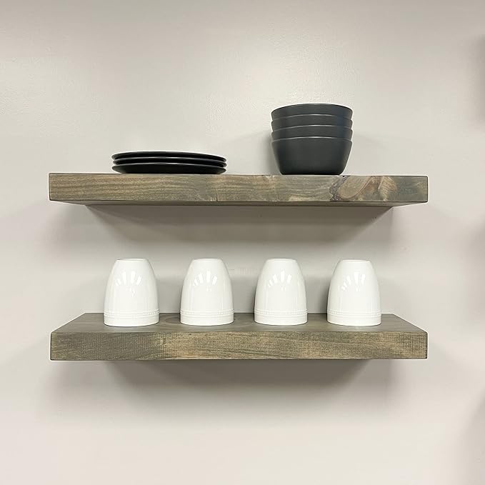 URBANDI, Rustic Floating Shelves, Set of 2, Hidden Bracket, Solid Wood, Heavy Duty, Wall Mounted Shelves, (Grey, 12Wx10D)