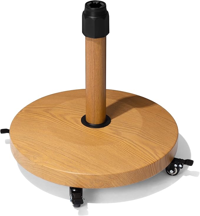 Patio Umbrella Base with 4 Wheels, 44lbs Round Heavy Duty Concrete Stand for Outdoor Market Umbrella, Teak