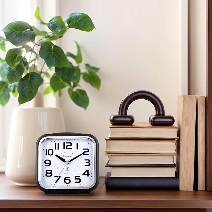 5.5" Large Analog Alarm Clock Silent Non Ticking, Gentle Wake, Beep Sounds, Increasing Volume, Battery Operated Snooze and Manual Light, Easy Set, Black (Best for Elder)