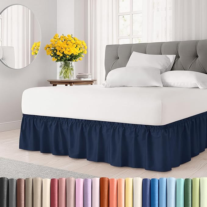 Wrap Around Dust Ruffle Bed Skirt - Navy Blue - for King Size Beds with 18 Inch Drop - Elastic Strap - Adjustable Pleated Bedskirt with Brushed Fabric and Wrinkle Free - for Women, Men, Kids & Teens