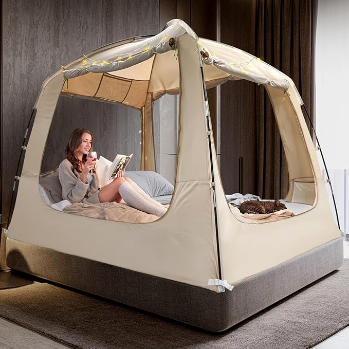 Bed Tent Bed Canopy Breathable 100% for Adult and Kids Light Reduction Sleeping Dream Tents Indoor Portable Big Space with String Light 4 Doors Twin Full Queen King Size