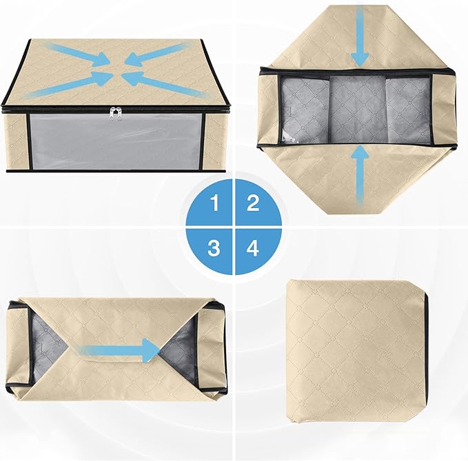 HomeHacks Storage 3-Pack Clothes Organizer Storage Bags Foldable Storage Box with Large Clear Window Sturdy Handles for Closet, Dorm, Pillows, Bedding, Clothes, Blankets, 35L, Beige