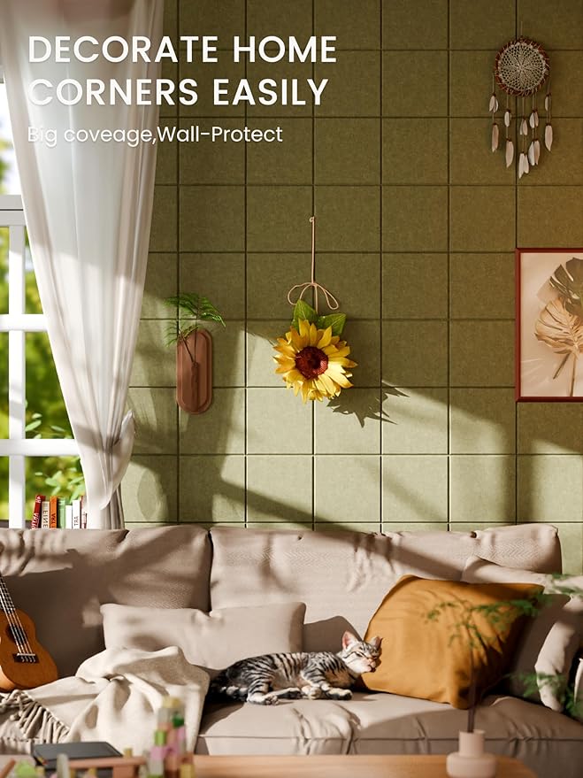 Bumusty Large Felt Bulletin Board, 36" x 24" Cork Board Alternative, 6-Pack Wall Tiles with 4-Compartment Design, 30 Push Pins, 40 Adhesive Tabs, Ideal for Office & Home Decor, Olive Green