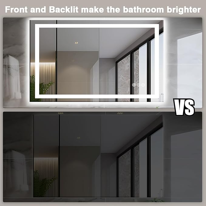 48"x30" LED Bathroom Mirror with Front & Backlit, Anti-Fog, Dimmable, Plugin/Hardwired, Shatterproof & Corrosion Proof, Wall Mount, Modern Style