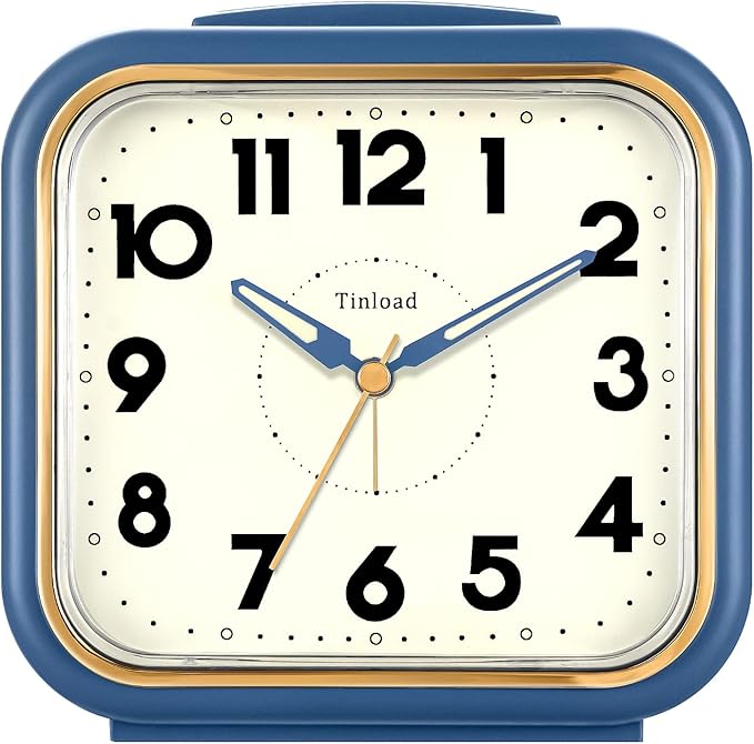 5.5" Large Analog Alarm Clock • Silent Non Ticking • Gentle Wake • Beep Sounds • Increasing Volume • Battery Operated Snooze and Manual Light • Retro Blue