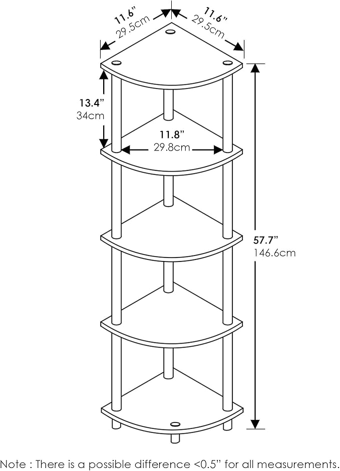 Furinno TURN-N-TUBE Corner Shelf, 5-Tier Corner Bookshelf, Open Storage Shelves, for Organization and Storage, Living Room, Home Office, Garage, Bedroom, Walnut