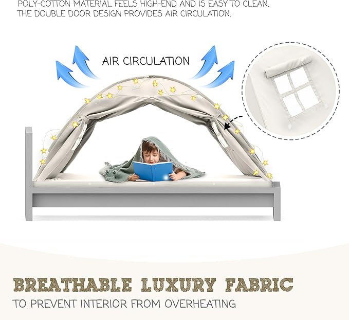 Beige Full Bed Tent for Kids Indoor Fort - Magical Dream Tents for Boys Pop Up Toddler Bed Canopy for Girls Bunk Bed Tent for Top Bunk - Sensory Sleep Pod for Kids Educational