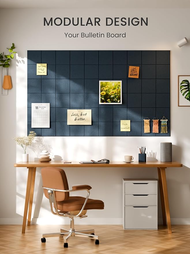 Bumusty Large Felt Bulletin Board, 36" x 24" Cork Board Alternative, 6-Pack Wall Tiles with 4-Compartment Design, 30 Push Pins, 40 Adhesive Tabs, Ideal for Office & Home Decor, Navy Blue