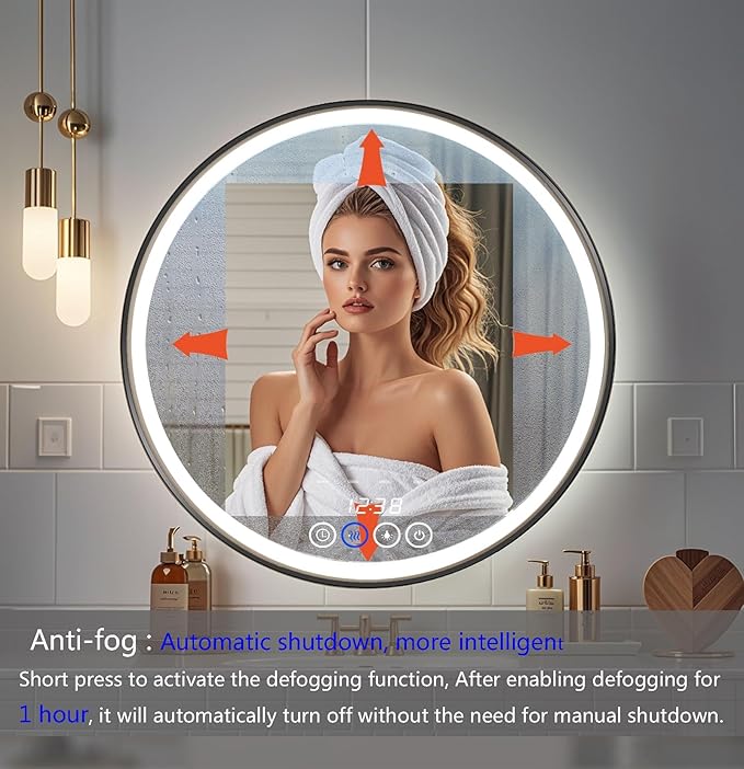 24 Inch Wall-Mounted Round Bathroom Mirror with LED-Lights - Frame Vanity Mirrors (24" x 24", Black)