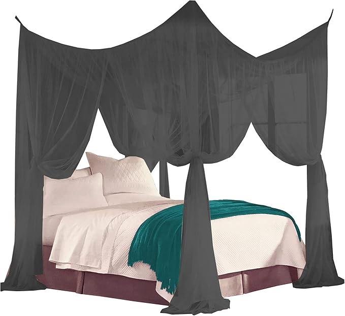 Just Relax Four Corner Post Decorative Elegant Bed Net Canopy Set, Fits Full, Queen and King Sizes, Can Be Used With or Without Four-Post Bed (Black)