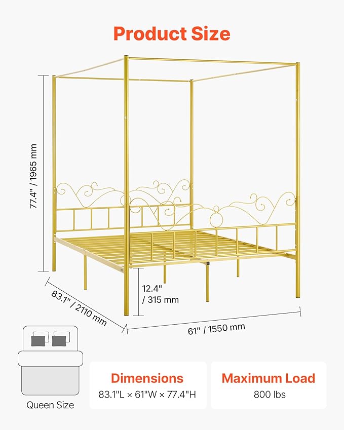 VEVOR Canopy Bed Frame Queen Size, Metal Canopy Bed with Minimalist Headboard & Four Posters Design, Heavy Duty Steel Slats Support, Underbed Storage Space, No Box Spring Needed, Easy Assembly, Gold