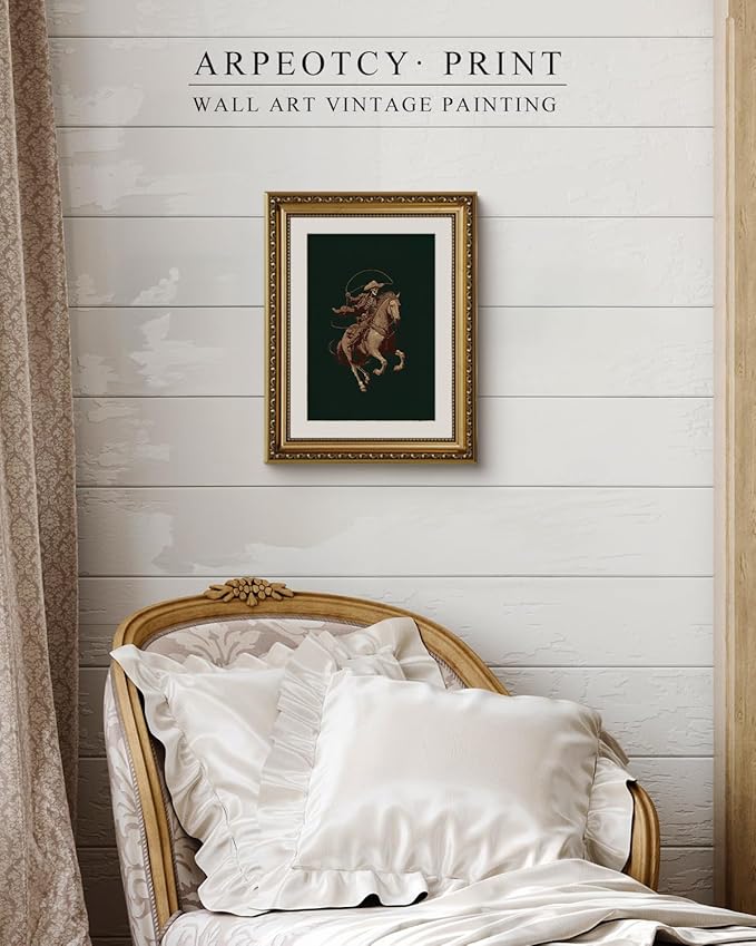 ARPEOTCY Gold Framed Canvas Wall Art, 11x14 Inch Vintage Skeleton Cowboy on Horseback, Rustic Western Cowboy Illustration, Gothic Western Decor for Living Room, Bedroom, or Office