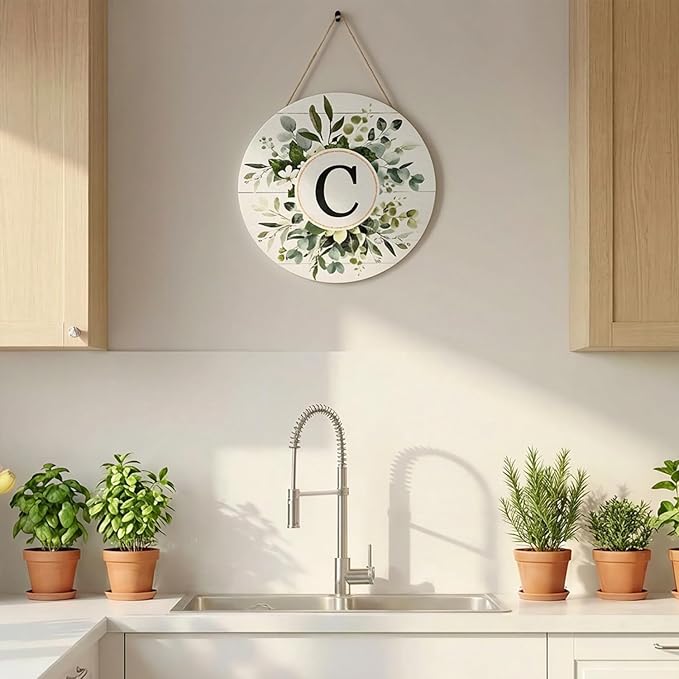 Smile B0G124Y3GWMonogram Letter C Wreaths Wooden Welcome Sign, Family Last Name Initial Front Door Wall Decoration, Floral Spring Summer Porch Rustic Home Kitchen Decor