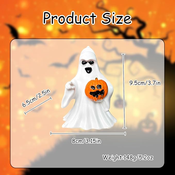 1 Pcs Halloween Ghost Figurine Decor with Pumpkin Cute Resin Ghost Statue, Funny White Sculpture Ghost Decor for Spooky Halloween Home Mantel Tabletop Decorations Indoor