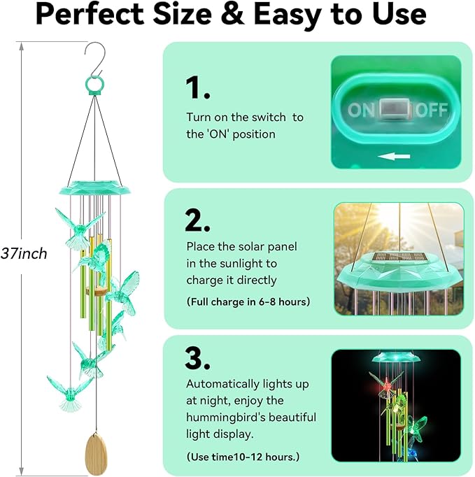Wind Chimes,Hummingbird Solar Wind Chimes for Outside,Green Gradation Aluminum Tubes Deep Tone Memorial Wind Bell for Garden/Patio Mobiles Decorative Gifts for Mom, Wife, Grandma Neighbors(37" Long)