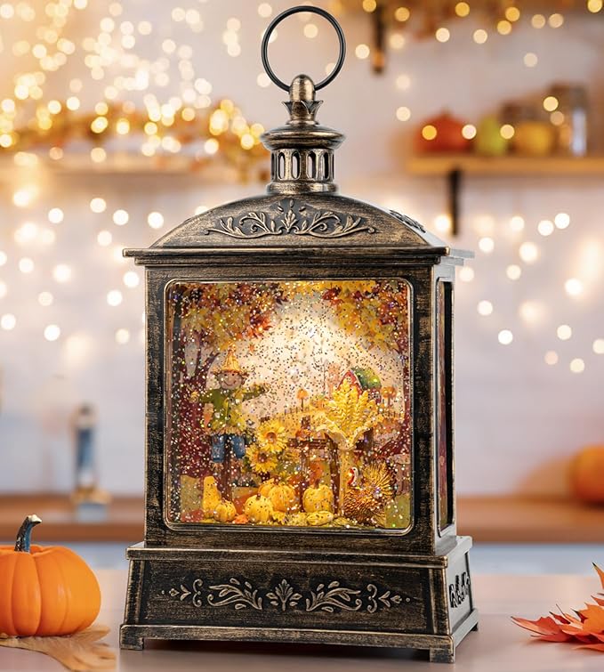 12.5'' Fall Snow Globe Lantern - Scarecrow and Turkey Lighted Water Lantern with Swirling Glitter Fall Decorations for Home, Thanksgiving, Autumn Harvest Fall Decor