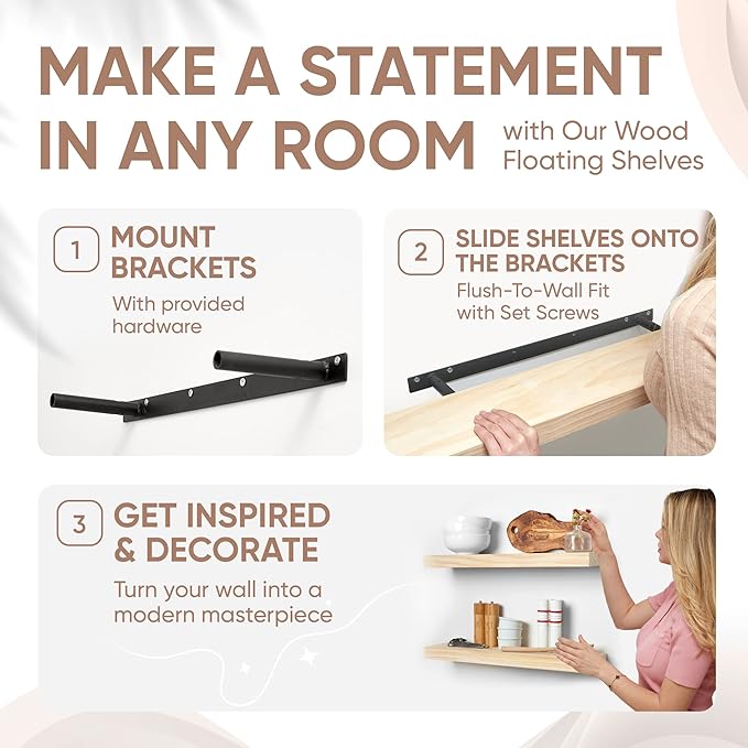 Homeforia 24 inch Wood Floating Shelves, High End Solid Natural Wood 24inch Floating Shelf for Wall, Unfinished Wooden 24 inches Floating Shelves, Heavy Duty Bracket, 24 X 6.5 X 1.75 in, Set of 2