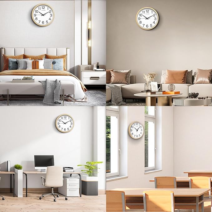 Wall Clock, 13 Inch Large Dial Non-Ticking Silent Battery Operated Quality Analog, Ultra-Quiet Movement Quartz, Timeless Stylish Clock, Ideal Modern Home, Office Décor (Gold)