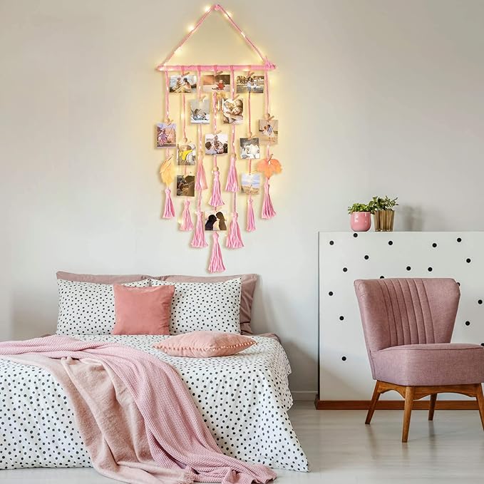 Hanging Photo Display Wall Decor, Pink Macrame Wall Hanging Boho Room Bedroom Decor, Picture Frame Collage with Remote Light & 30 Clips, Christmas Teenage Teen Girl Gifts Ages 10 11 12 13 14 Years Old